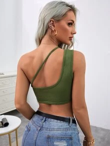 Solid One Shoulder Ring Detail Top - Army Green - View 2