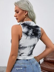 SHEIN Unity Top tank cuello polo tejido de canalé de tie dye - Blanco y Negro - Ver 2