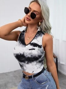 SHEIN Unity Top tank cuello polo tejido de canalé de tie dye - Blanco y Negro - Ver 5