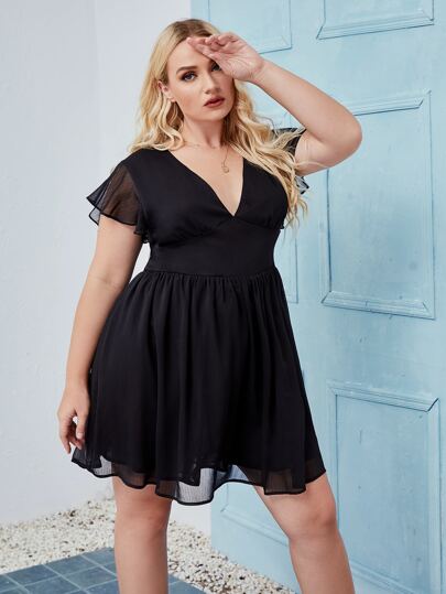 Abiti taglie forti Volanti nastro indietro Cerniera Colore unico Elegante