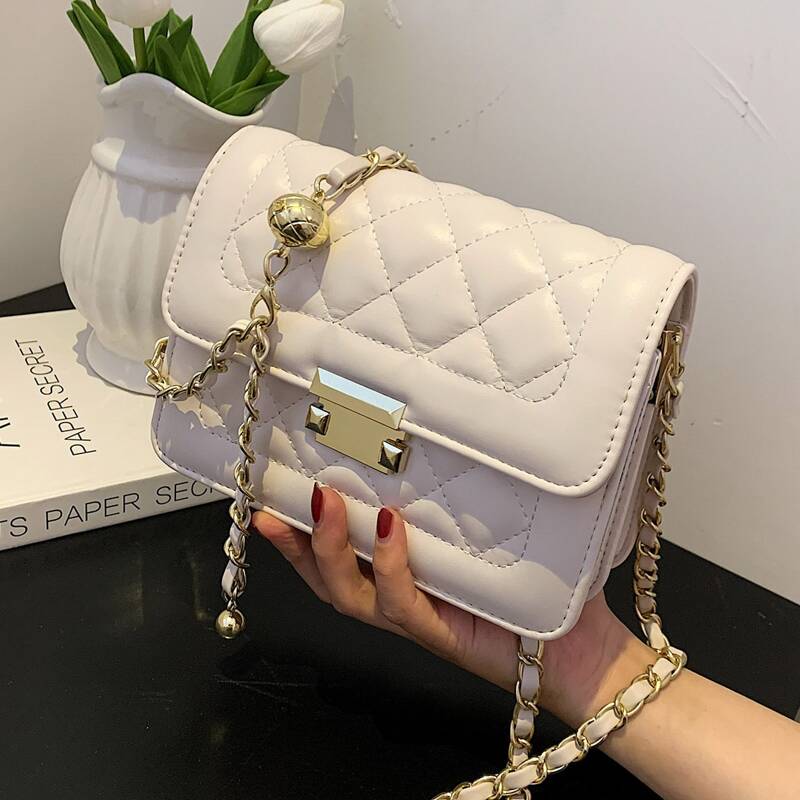 

Quilted Chain Crossbody Bag, Beige