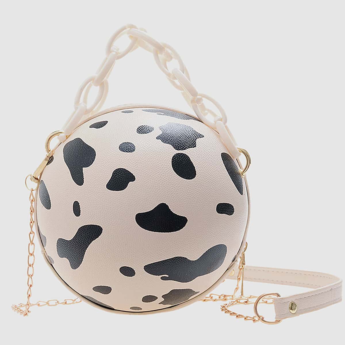 

Cow Print Circle Bag, Black and white