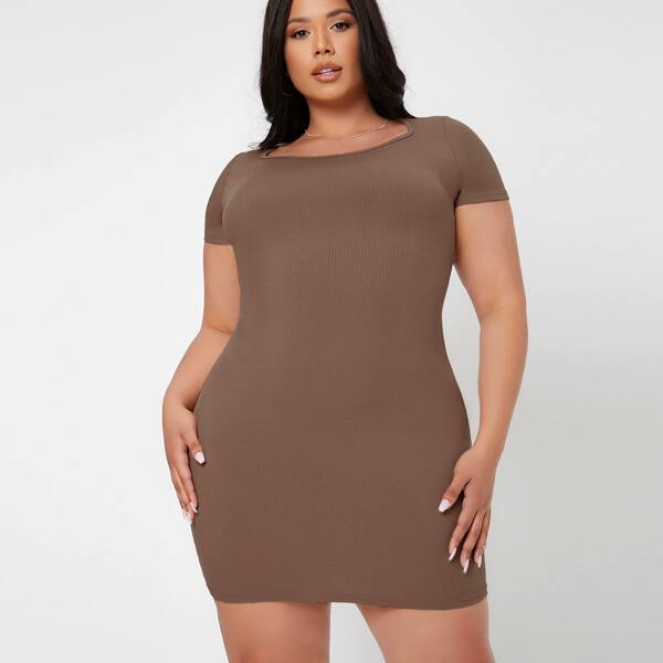 

Plus Solid Ribbed Bodycon Dress, Coffee brown