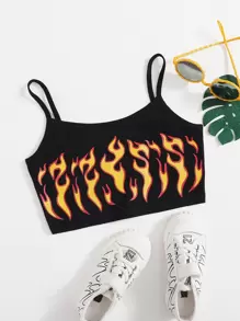 SHEIN Girls Fire Print Cami Top - Black - View 1