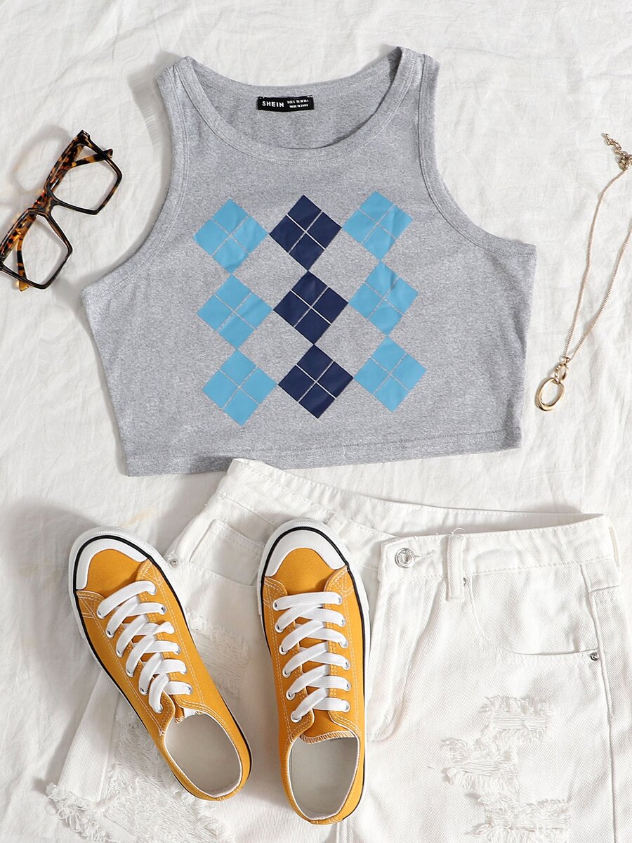 Top tank corto con estampado de rombo - Gris Claro - Ver 1