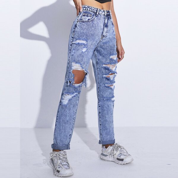 

Bleach Wash Ripped Straight Leg Jeans, Light wash
