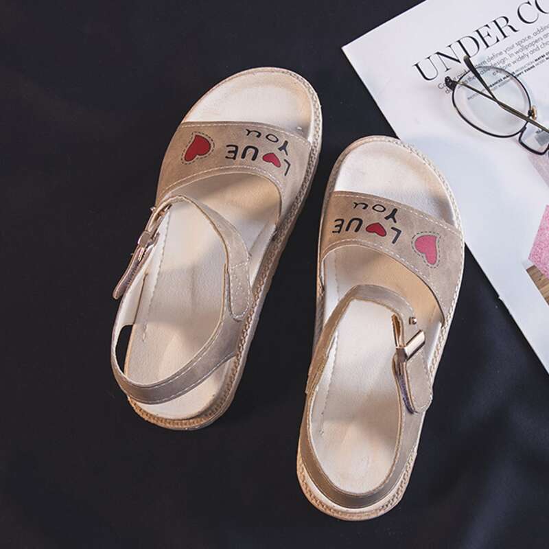 

Letter Graphic Velcro Strap Flat Sandals, Khaki