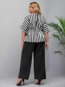 Mulvari Plus Stripe Knot Side Top & Wide Leg Trousers - Black and White - View 2