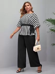 Mulvari Plus Stripe Knot Side Top & Wide Leg Trousers - Black and White - View 3