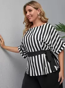 Mulvari Plus Stripe Knot Side Top & Wide Leg Trousers - Black and White - View 4