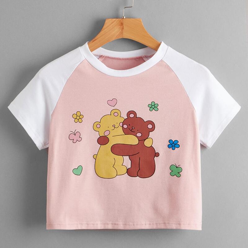 

Cartoon Bear Graphic Colorblock Tee, Pink