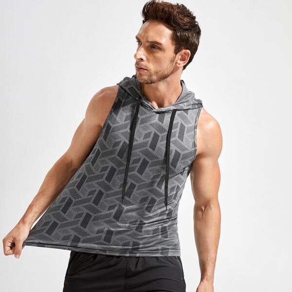 

Men Geo Graphic Sports Hooded Tee, Grey