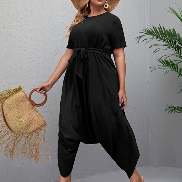 

Plus Solid Belted Harem Jumpsuit, Black
