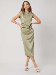 MOTF PREMIUM FITTED SHOULDER PAD DRESS - Khaki - View 3