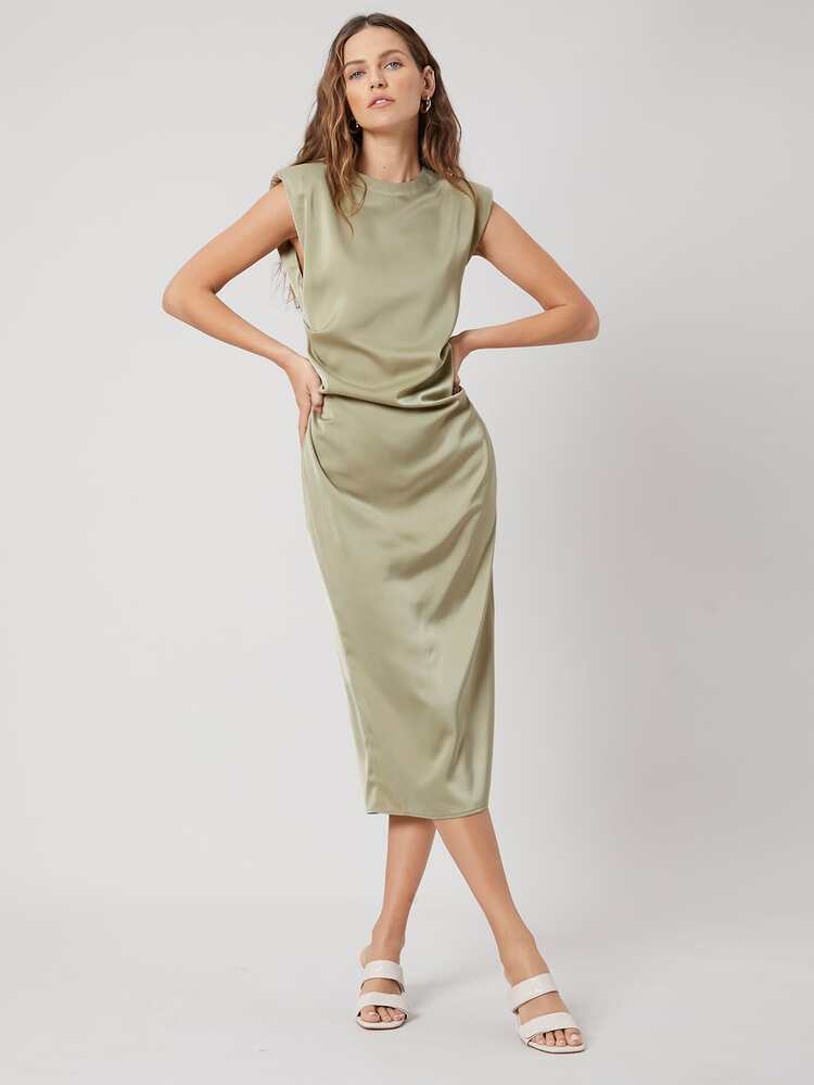 MOTF PREMIUM FITTED SHOULDER PAD DRESS - Khaki - View 3