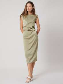 MOTF PREMIUM FITTED SHOULDER PAD DRESS - Khaki - View 4