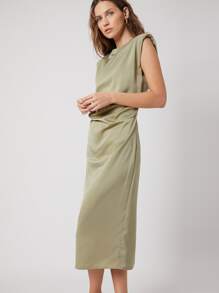 MOTF PREMIUM FITTED SHOULDER PAD DRESS - Khaki - View 7