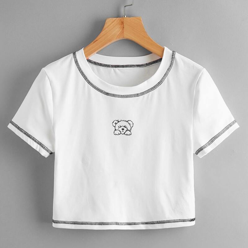 

Stitching Trim Cartoon Bear Graphic Tee, White