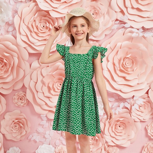 

Girls Ruffle Armhole Ditsy Floral Dress, Green