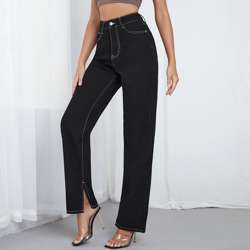 

High Waist Split Hem Straight Jeans, Black