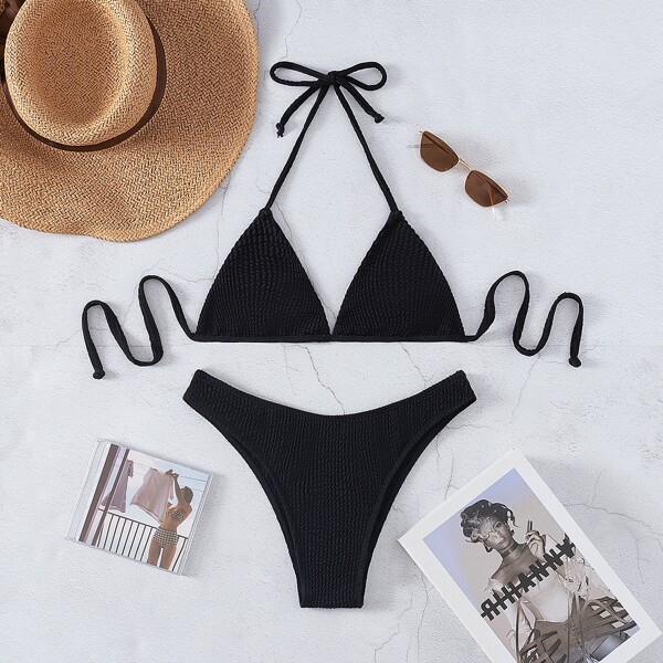 

Textured Halter Triangle Bikini Swimsuit, Black