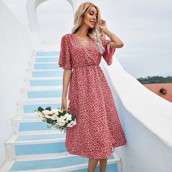 

Ditsy Floral Surplice Neck Butterfly Sleeve A-line Dress, Red