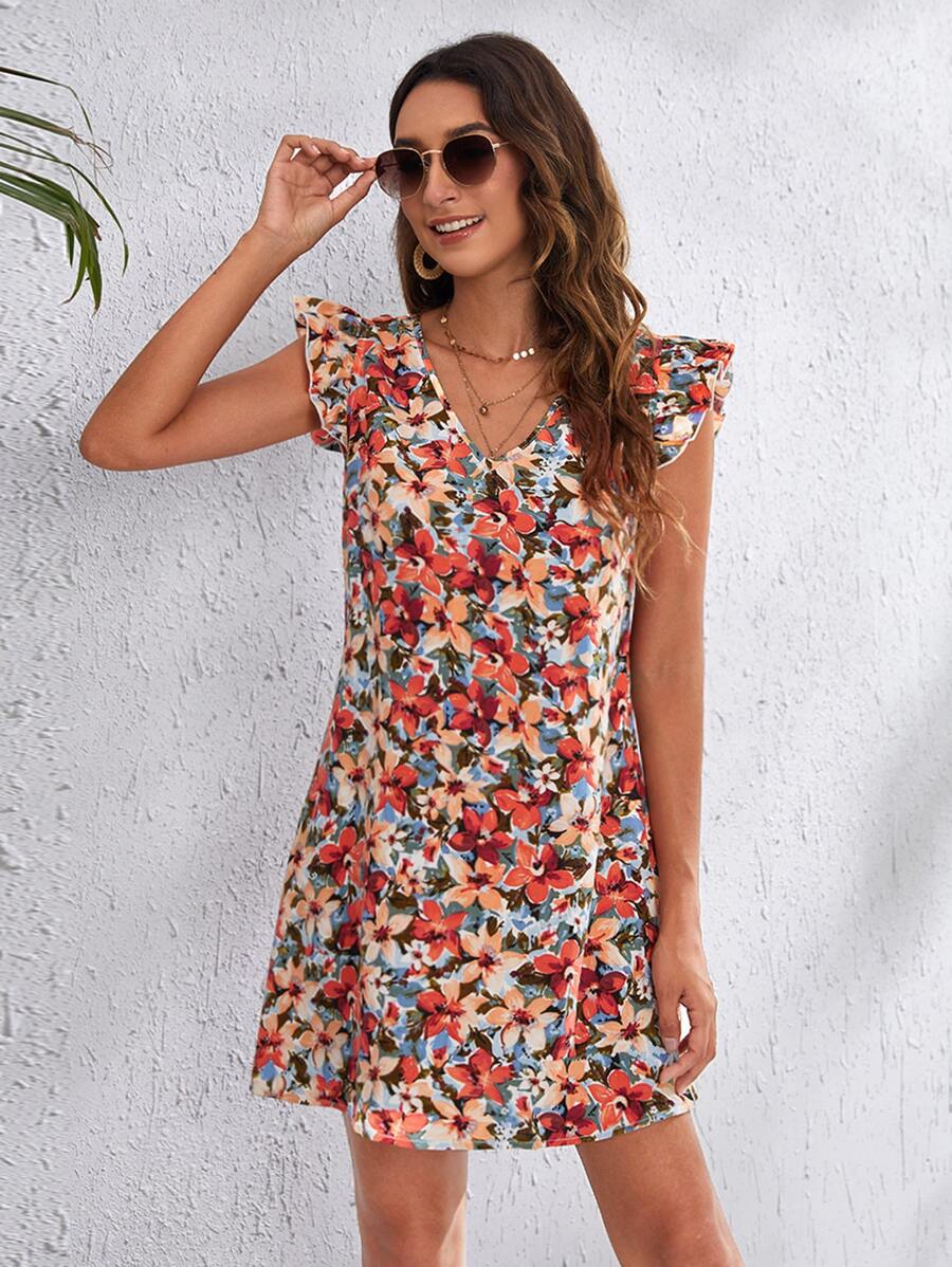 SHEIN VCAY Allover Floral Print Ruffle Armhole Dress - Multicolor - View 1