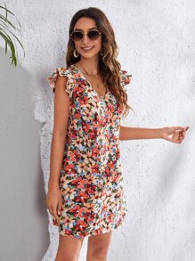 SHEIN VCAY Allover Floral Print Ruffle Armhole Dress - Multicolor - View 4