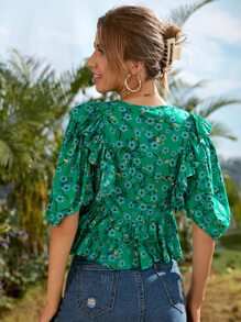 SHEIN VCAY Allover Floral Print Lantern Sleeve Layered Hem Top - Green - View 2