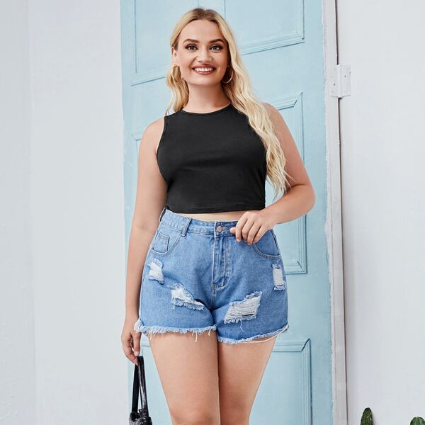 

Plus Solid Tie Back Crop Tank Top, Black