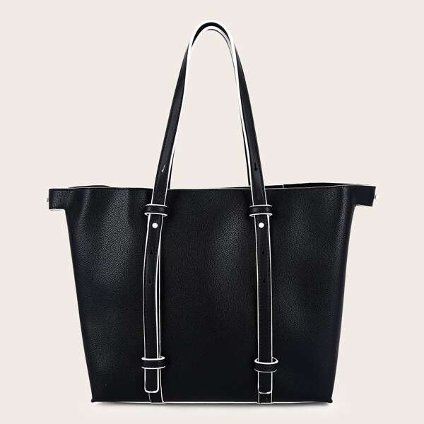

Two Tone Shoulder Tote Bag, Black and white