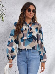 SHEIN Clasi Top à nœud à manches bouffantes à imprimé géométrique