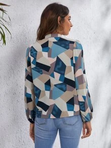 SHEIN Clasi Top à nœud à manches bouffantes à imprimé géométrique