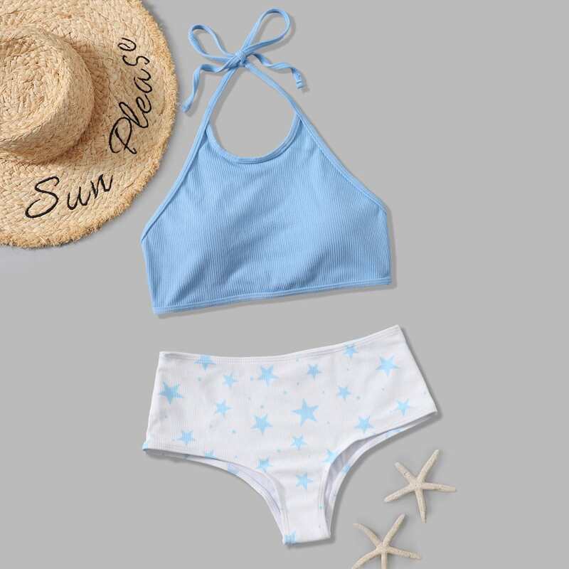 

Star Pattern Bikini Swimsuit, Blue and white