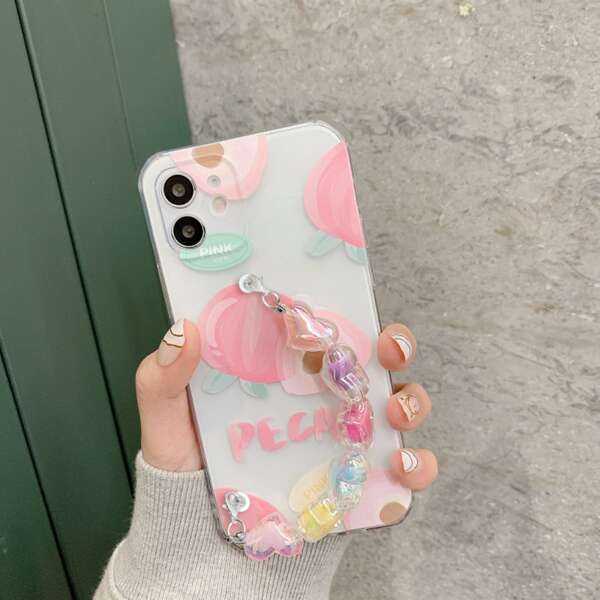 

Peach Print Phone Case With Heart Decor Hand Strap, Pink