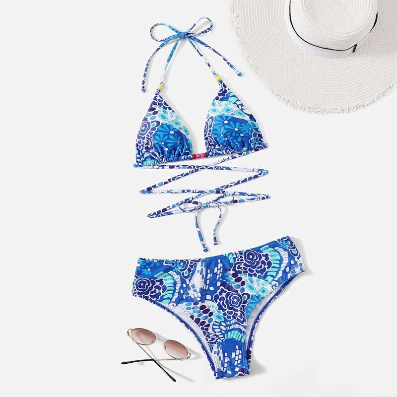 

Floral Pattern Bikini Swimsuit, Blue
