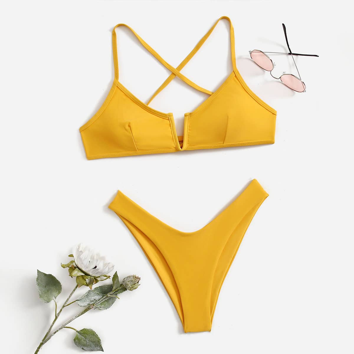 

Solid V Wired Bikini Swimsuit, Yellow