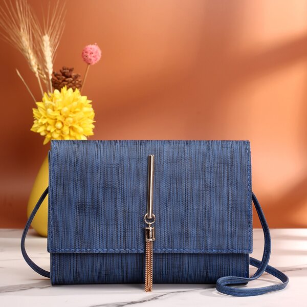 

Metal Tassel Decor Flap Square Bag, Blue