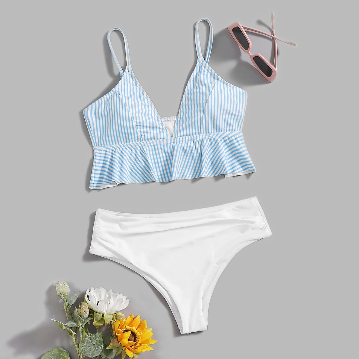 

Striped Pattern Bikini Swimsuit, Blue and white
