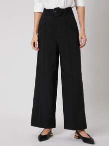SHEIN LINEN WIDE LEG TROUSERS - Black - View 1