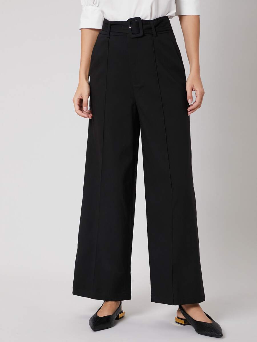 SHEIN LINEN WIDE LEG TROUSERS - Black - View 1