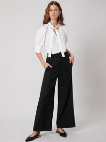 SHEIN LINEN WIDE LEG TROUSERS - Black - View 3