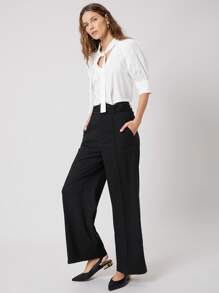 SHEIN LINEN WIDE LEG TROUSERS - Black - View 6