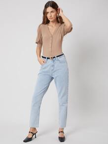 SHEIN Privé Viscose Balloon Sleeve Bodysuit - Khaki - View 3