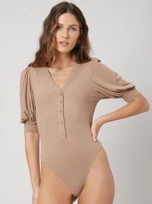SHEIN Privé Viscose Balloon Sleeve Bodysuit - Khaki - View 4