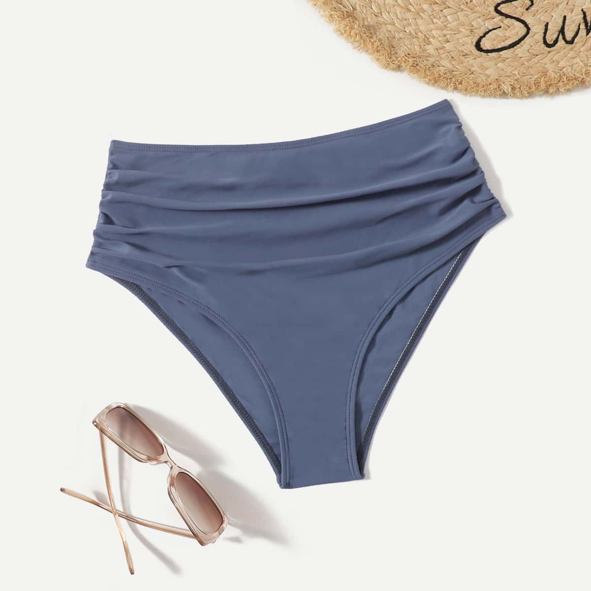

Solid Ruched Bikini Bottom, Dusty blue