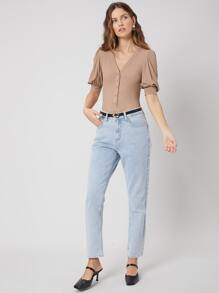 SHEIN Privé Viscose Balloon Sleeve Bodysuit - Khaki - View 5