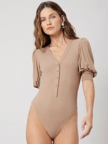 SHEIN Privé Viscose Balloon Sleeve Bodysuit - Khaki - View 7