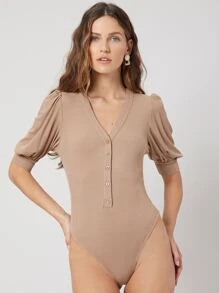 SHEIN Privé Viscose Balloon Sleeve Bodysuit - Khaki - View 8