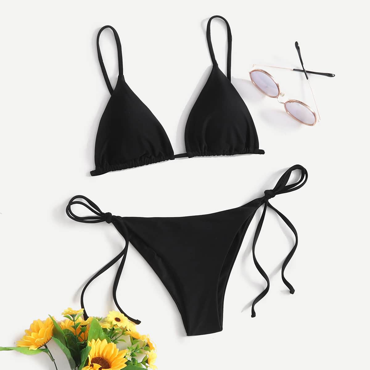 

Solid Tie Side Bikini Swimsuit, Black